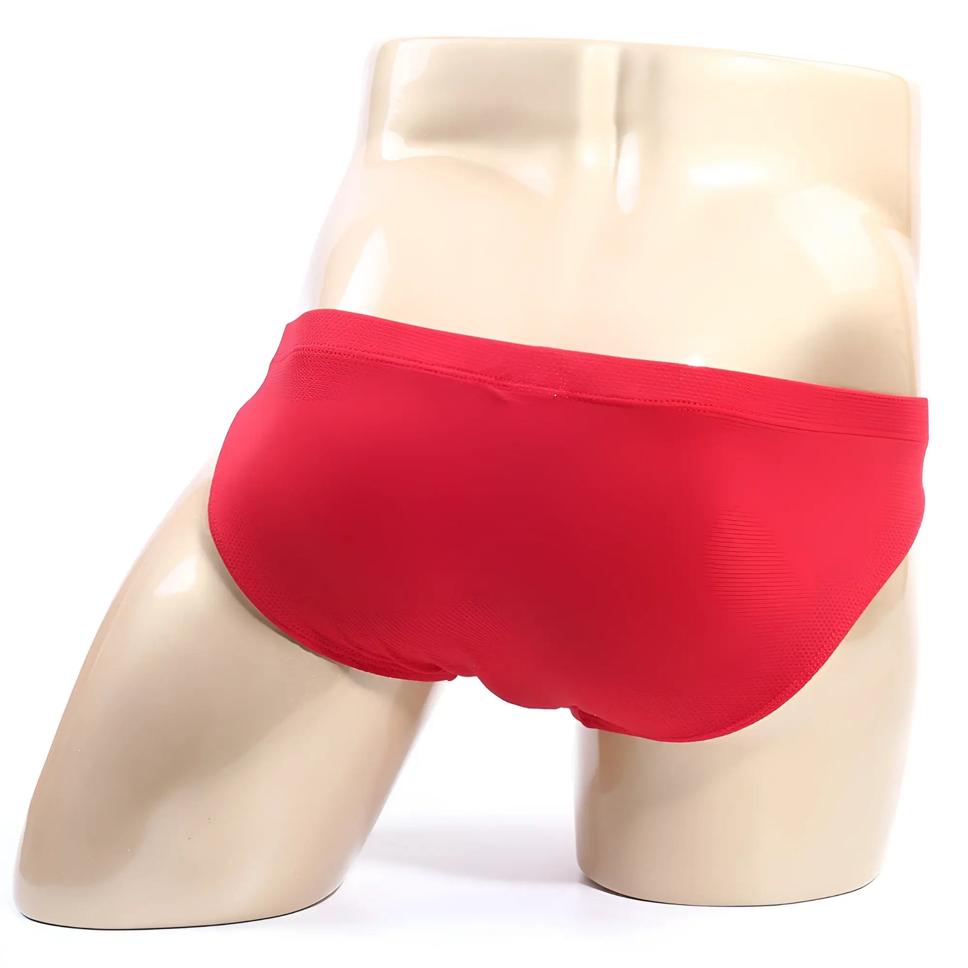 Red briefs metro malewear bravo bikini 7103-12 displayed on mannequin highlighting fit and design