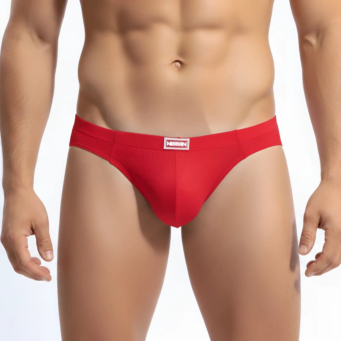 Red mesh briefs metro male wear bravo bikini red 7103-12 with white rectangular logo patch on waistband