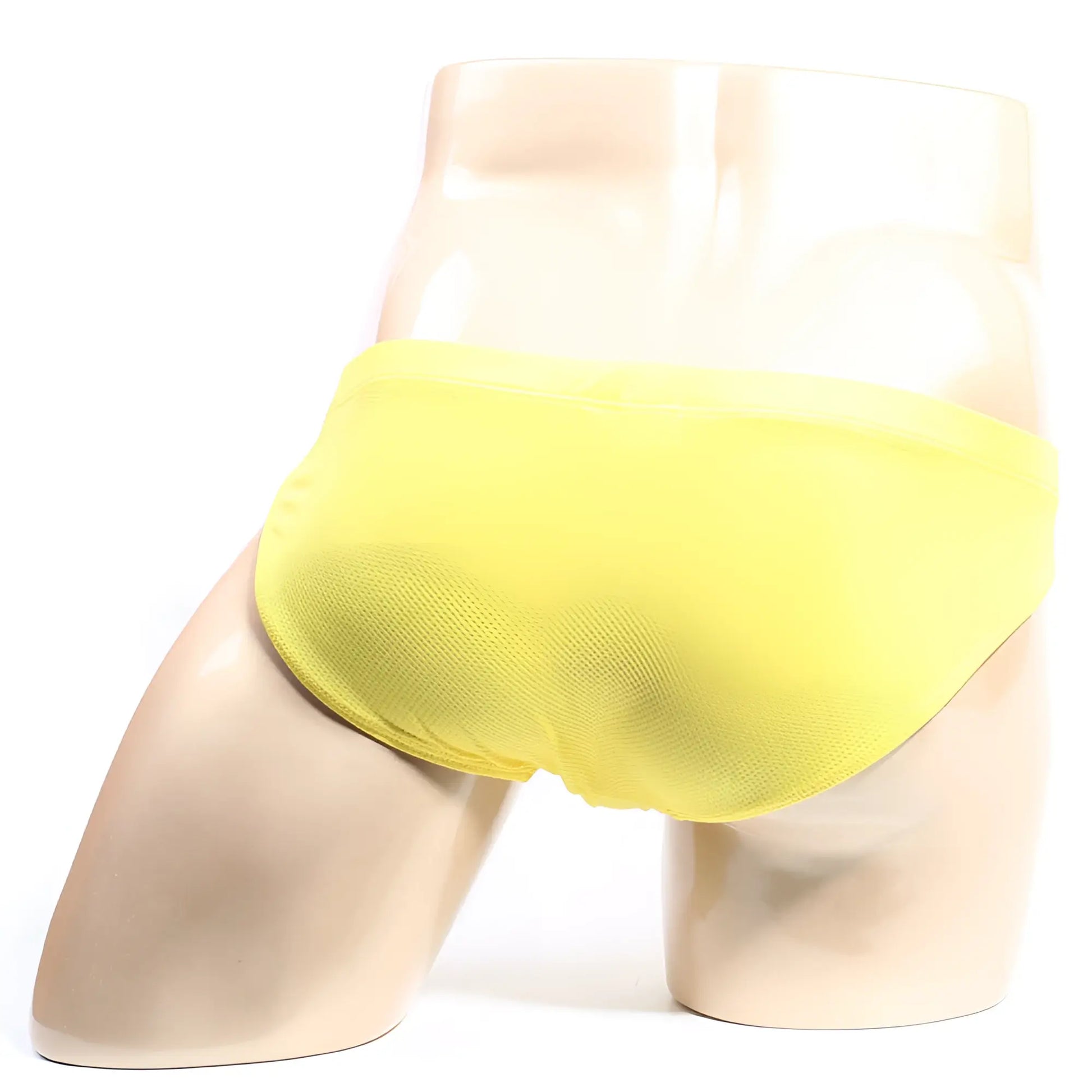 Bright yellow microfiber briefs from metromalewear bravo bikini 7103-15 displayed on a mannequin front view