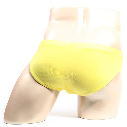 Bright yellow microfiber briefs from metromalewear bravo bikini 7103-15 displayed on a mannequin front view