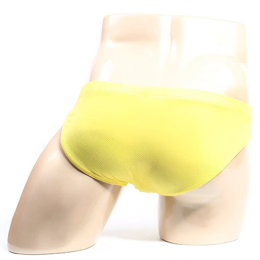 Bright yellow microfiber briefs from metromalewear bravo bikini 7103-15 displayed on a mannequin front view