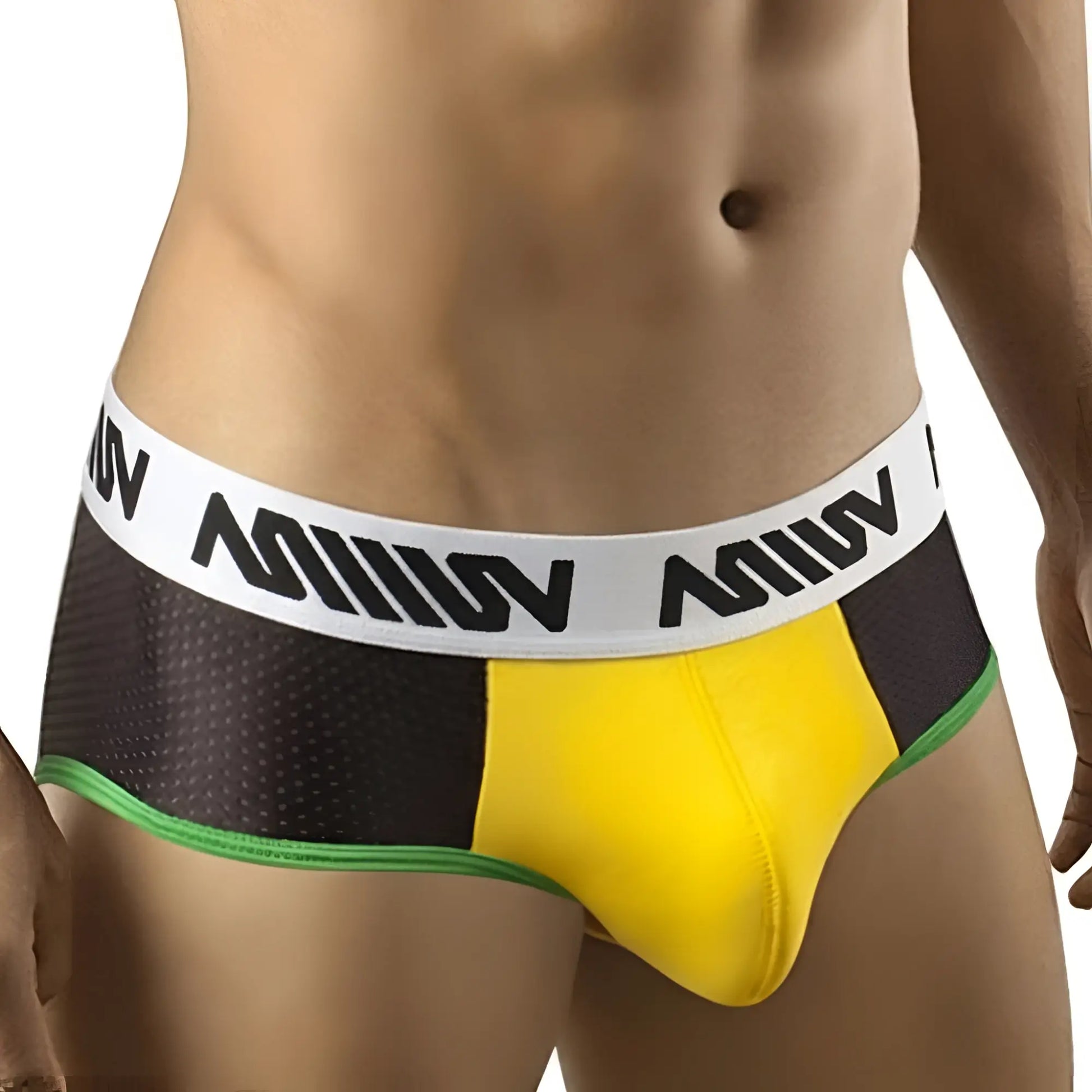 MetroMaleWear Brazil hip brief 5003-41 black and yellow athletic briefs with white waistband and green trim