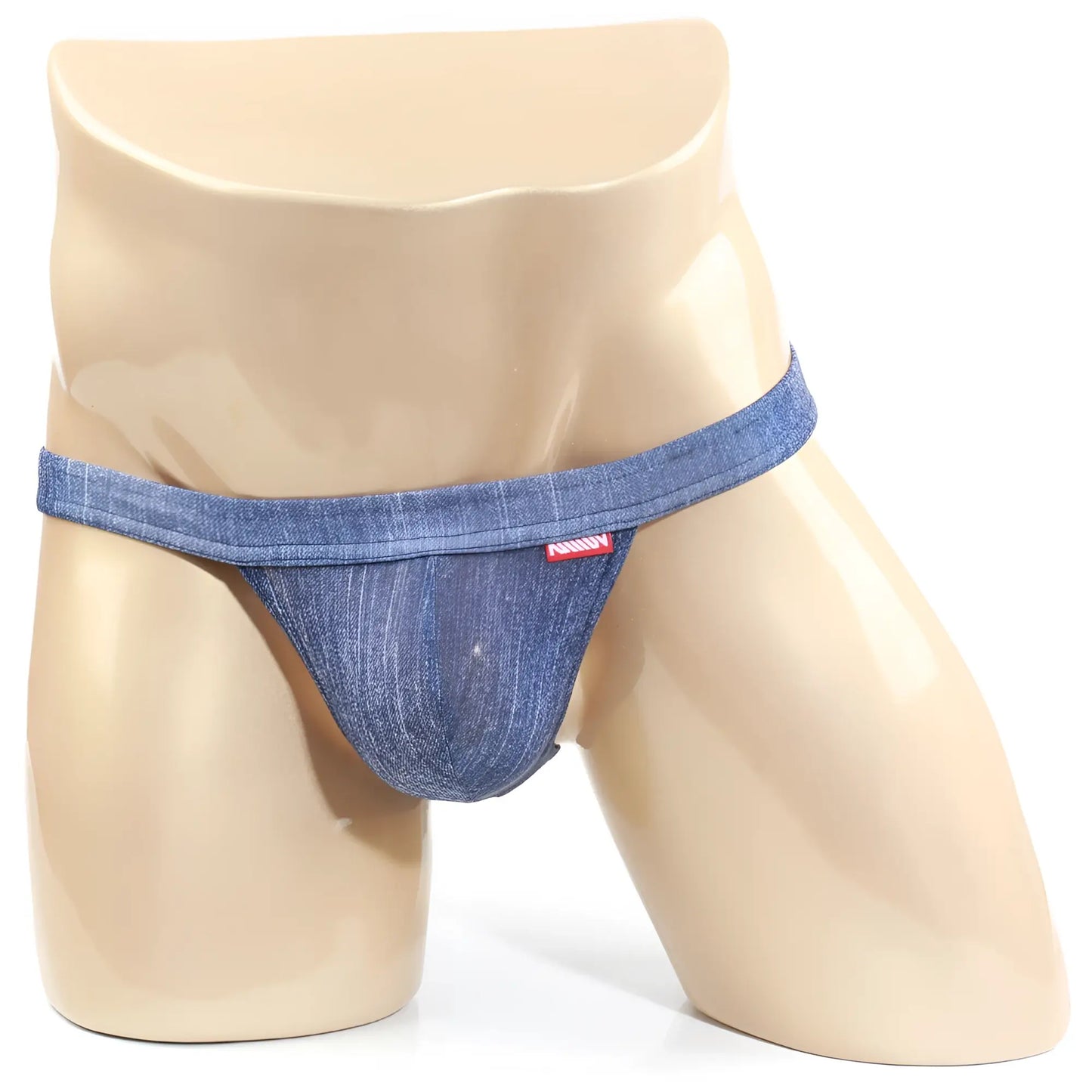 Blue denim thong with red brand tag on waistband metroMalewear brazilian bikini denim 1124-62 front view