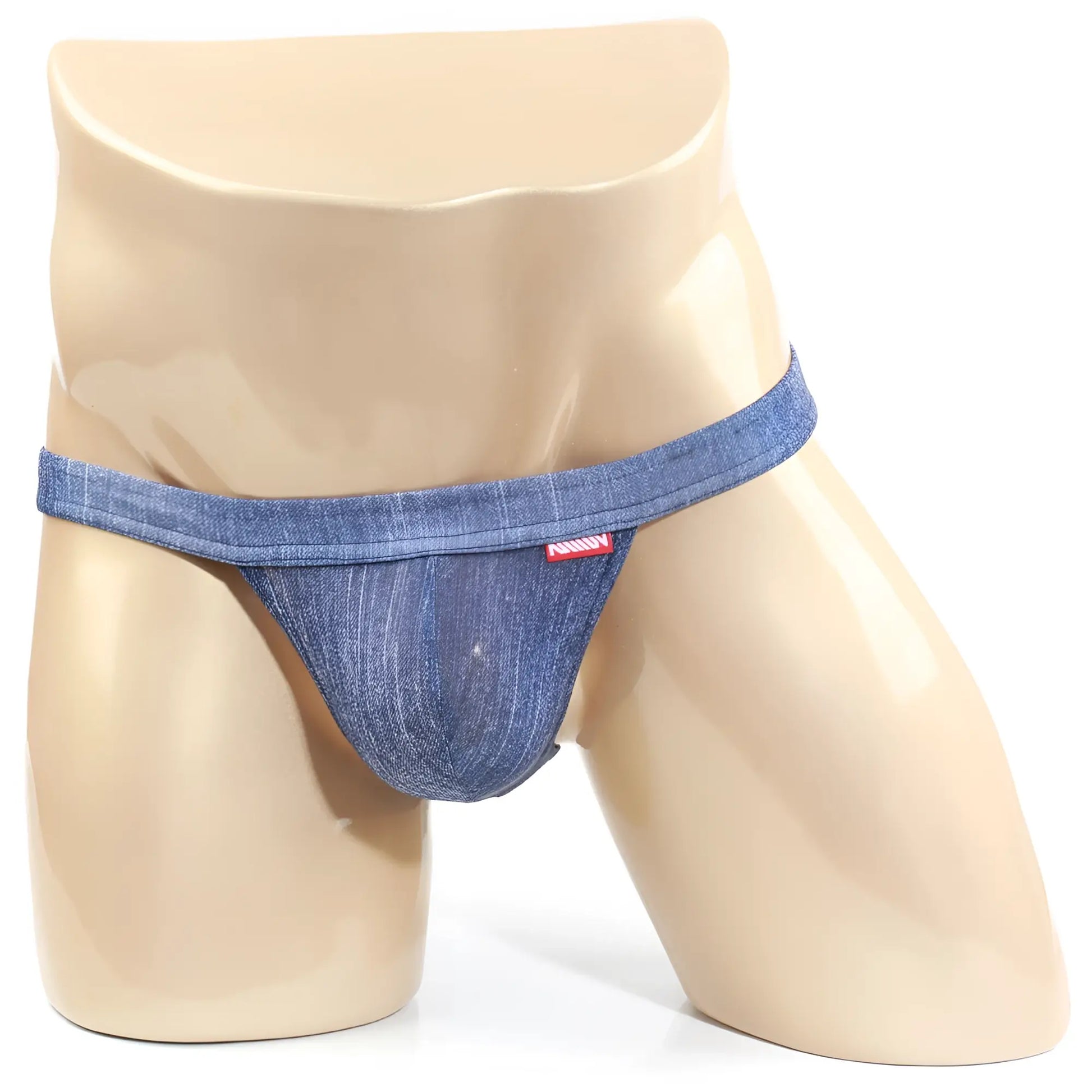 Blue denim thong with red brand tag on waistband metroMalewear brazilian bikini denim 1124-62 front view