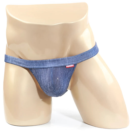Blue denim thong with red brand tag on waistband metroMalewear brazilian bikini denim 1124-62 front view