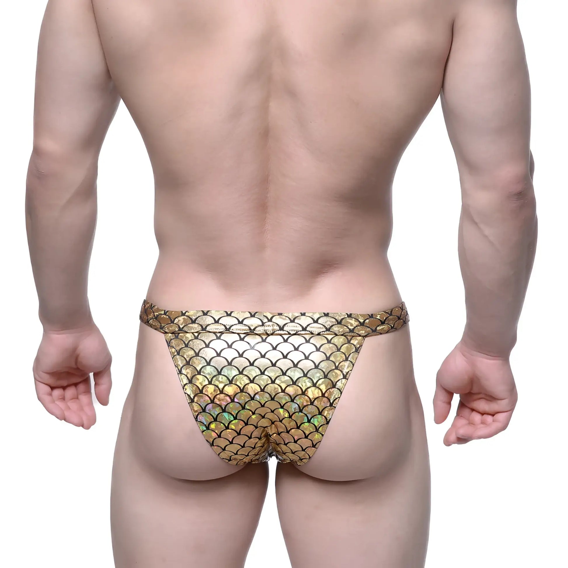 Metro malewear brazilian bikini thong in gold with holographic fish scale pattern made for stylish swimwear use