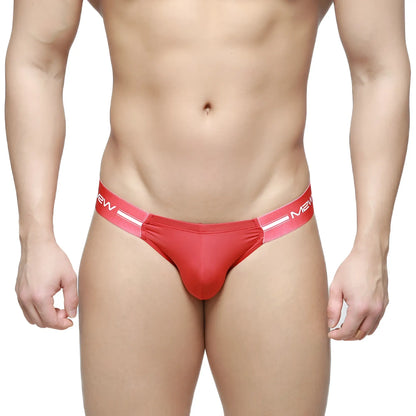 MetroMaleWear Brief 2.0 red men’s briefs with pink waistband featuring white mew branding and stripe details