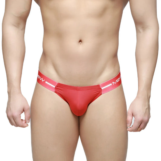 MetroMaleWear Brief 2.0 red men’s briefs with pink waistband featuring white mew branding and stripe details