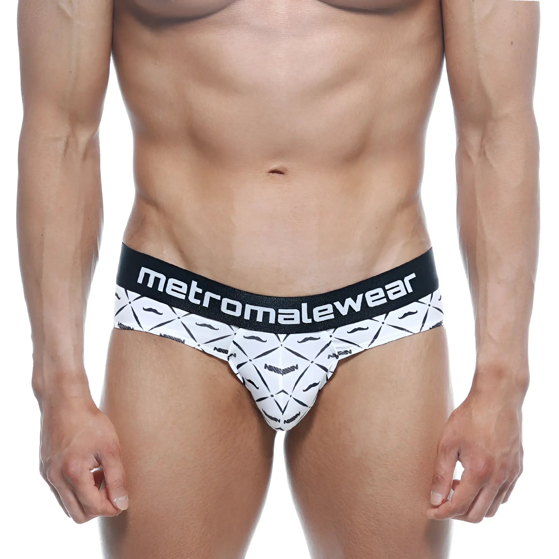 White briefs with black geometric mustache pattern and metromalewear logo on elastic waistband metroMalewear Brief Caballero 5006-03
