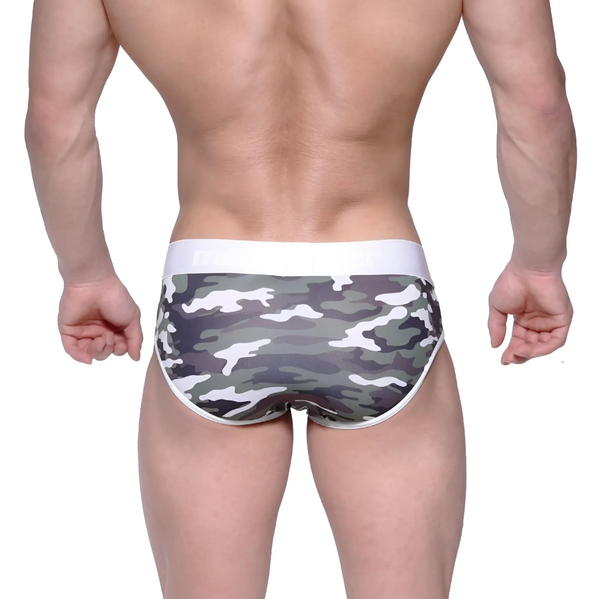 MetroMaleWear bright brief green camo gray and white camouflage briefs with solid white waistband front view