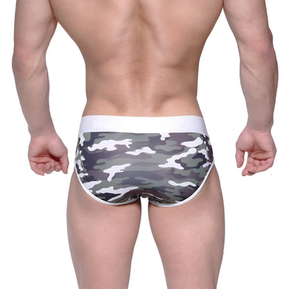 MetroMaleWear bright brief green camo gray and white camouflage briefs with solid white waistband front view