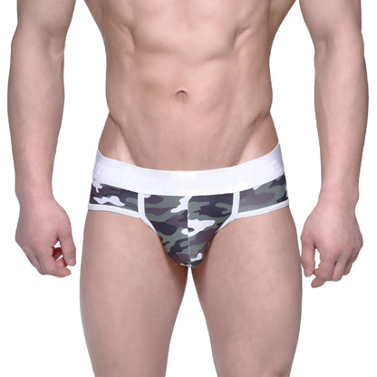 Men’s camouflage-patterned briefs with white elastic waistband metroMaleWear bright brief green camo 6106-39
