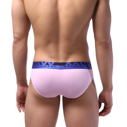 MetroMaleWear bright brief pink men’s briefs with blue and black branded waistband for comfortable everyday wear