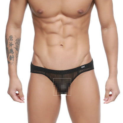 Black sheer mesh briefs with solid black waistband and small white logo by MetroMaleWear Bruma Bikini 5103-M30