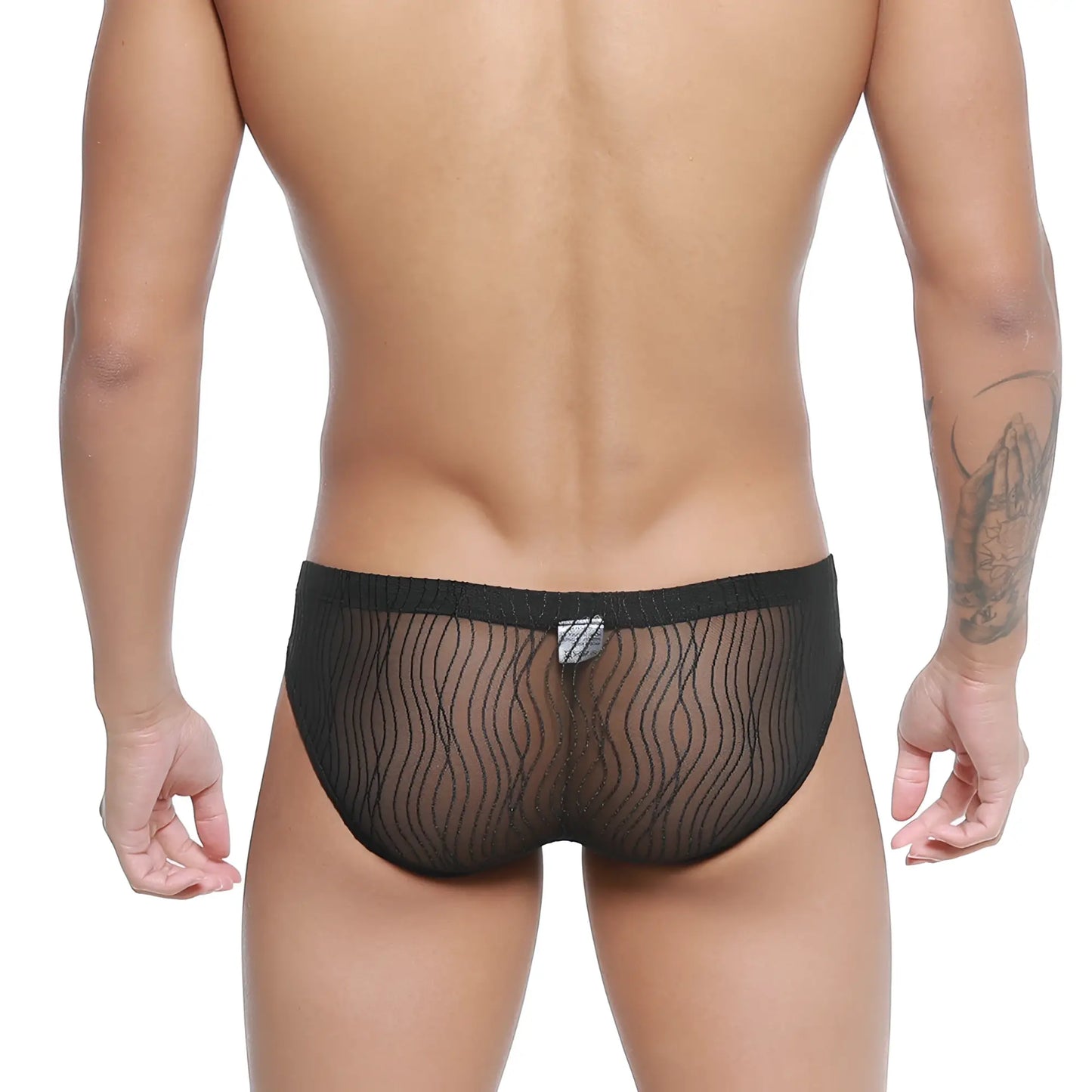 MetroMaleWear Bruma Bikini 5103-M30 black sheer mesh briefs with wavy pattern and elastic waistband front view