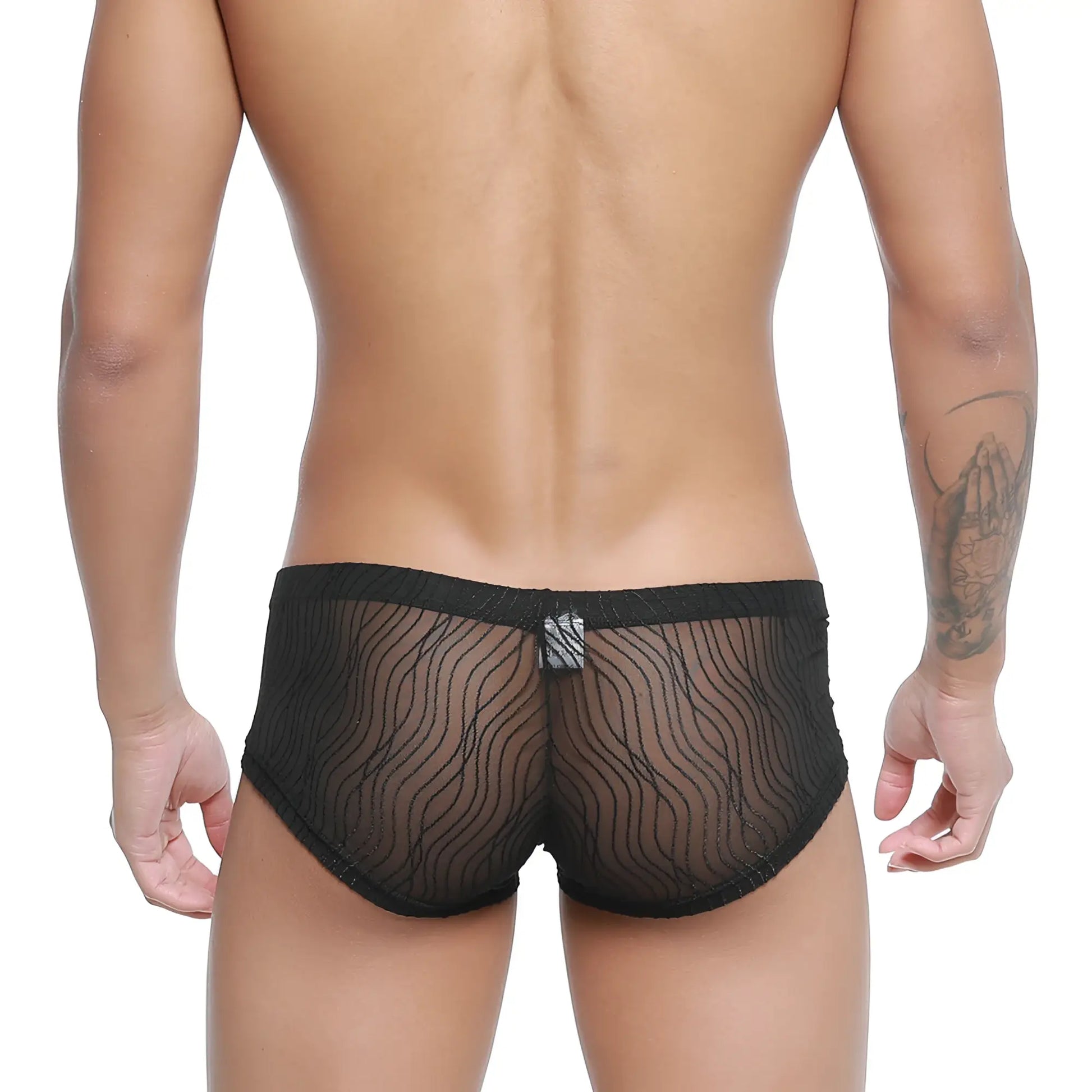 MetroMaleWear Bruma trunk 2125-30 black sheer mesh briefs with wavy pattern and solid black waistband front view