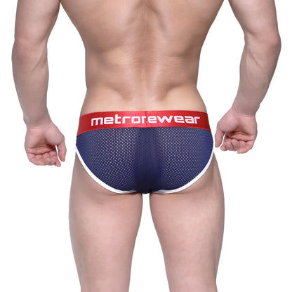 Navy blue mesh metrorewear briefs with red waistband logo and white trim metro malewear bruno brief 2803-31