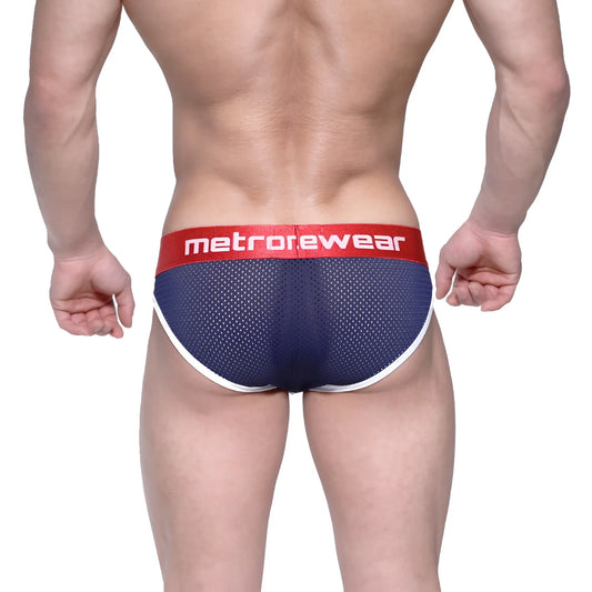 Navy blue mesh metrorewear briefs with red waistband logo and white trim metro malewear bruno brief 2803-31