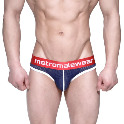 MetroMaleWear Bruno brief dark blue mesh with red waistband white branding and white trim
