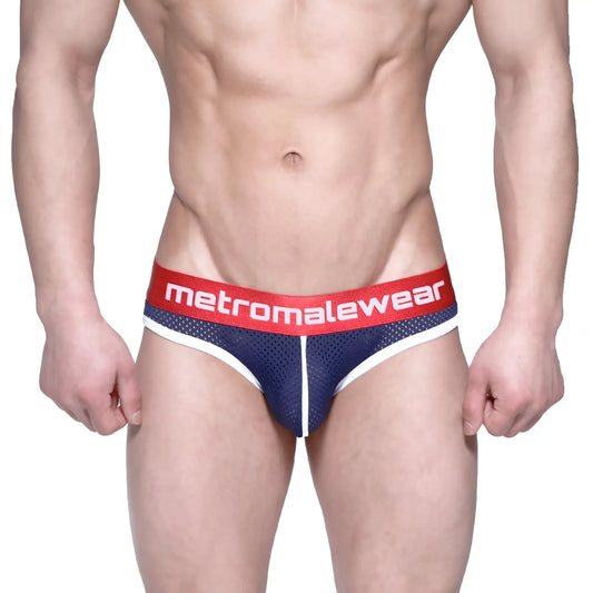MetroMaleWear Bruno brief dark blue mesh with red waistband white branding and white trim