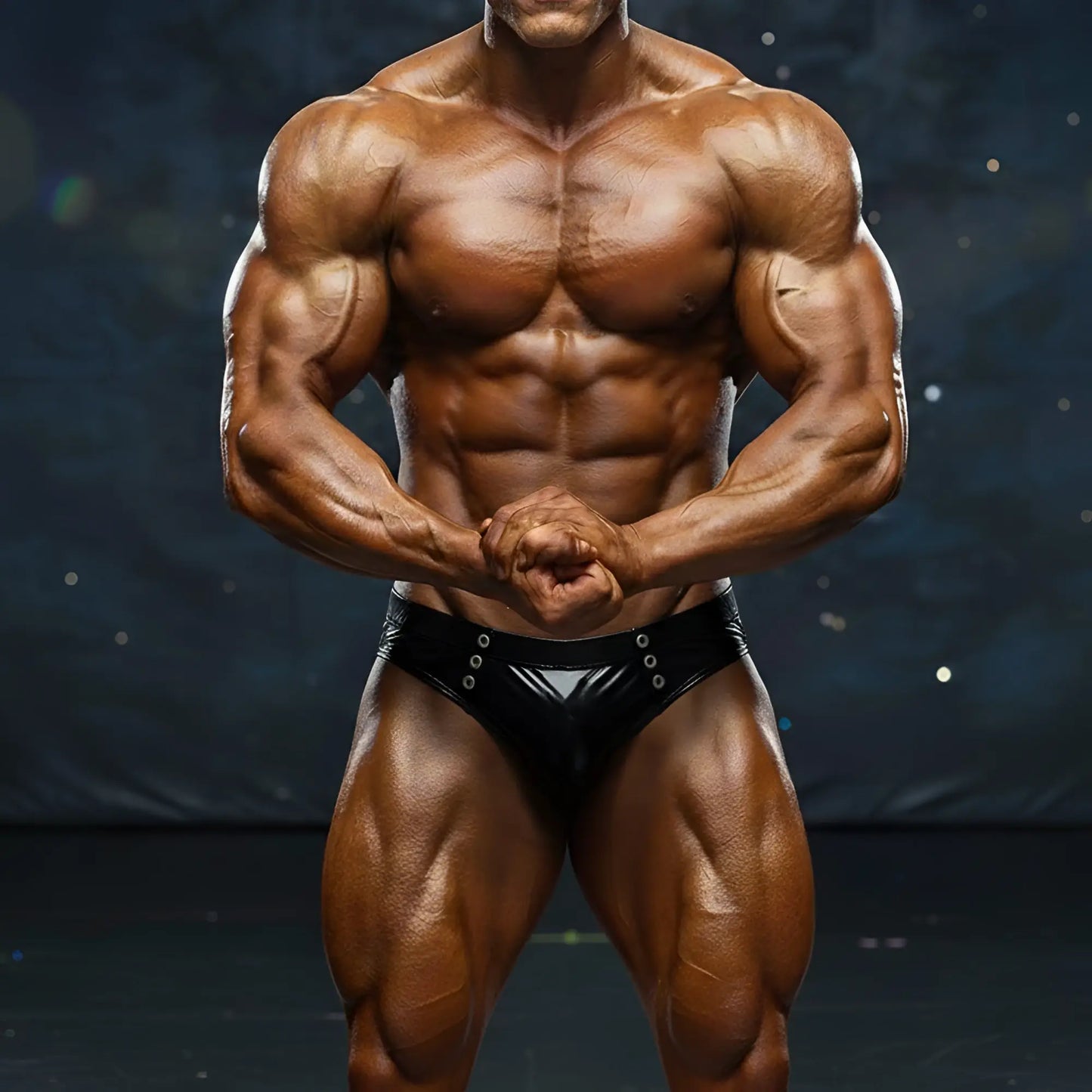 A muscular bodybuilder wearing black shiny MetroMaleWear BSD swim brief 4914-33 with silver grommets front view