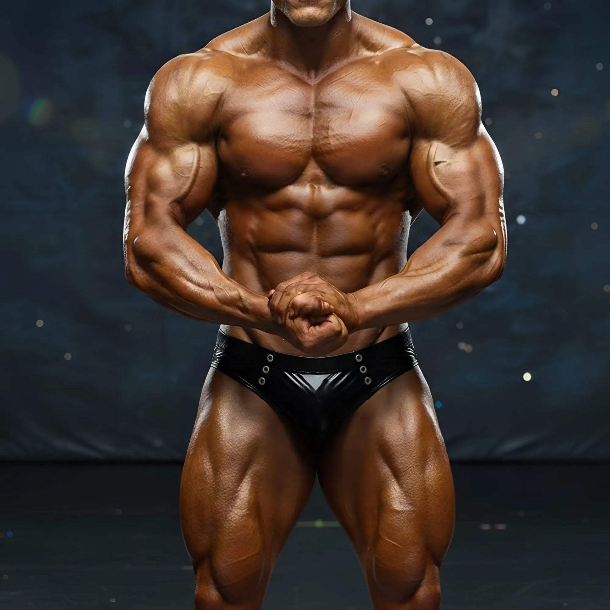 A muscular bodybuilder wearing black shiny MetroMaleWear BSD swim brief 4914-33 with silver grommets front view