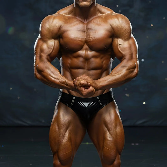 A muscular bodybuilder wearing black shiny MetroMaleWear BSD swim brief 4914-33 with silver grommets front view