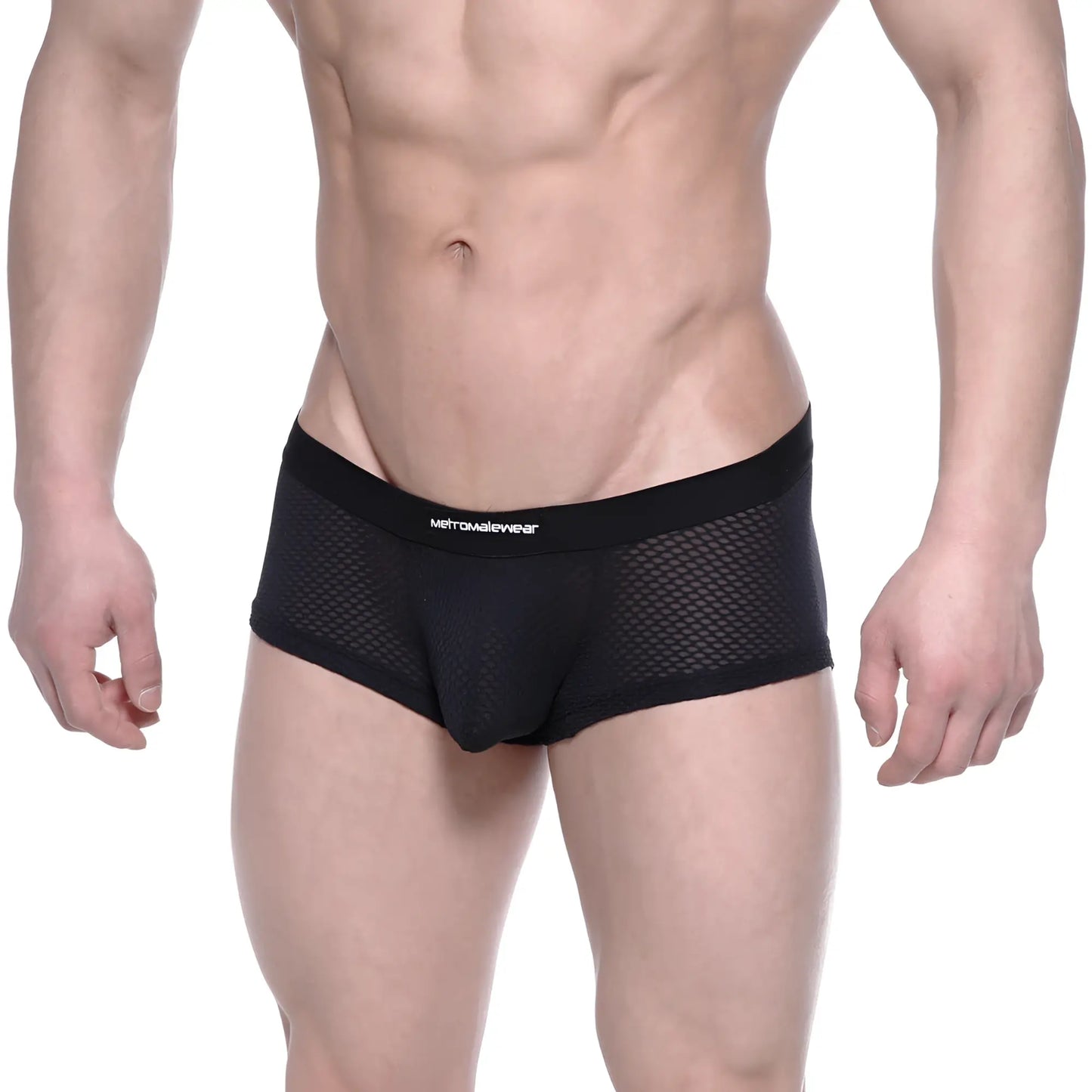 Black mesh briefs with a solid waistband featuring the metroweave brand name from metromalewear bulge boxer 3013-70