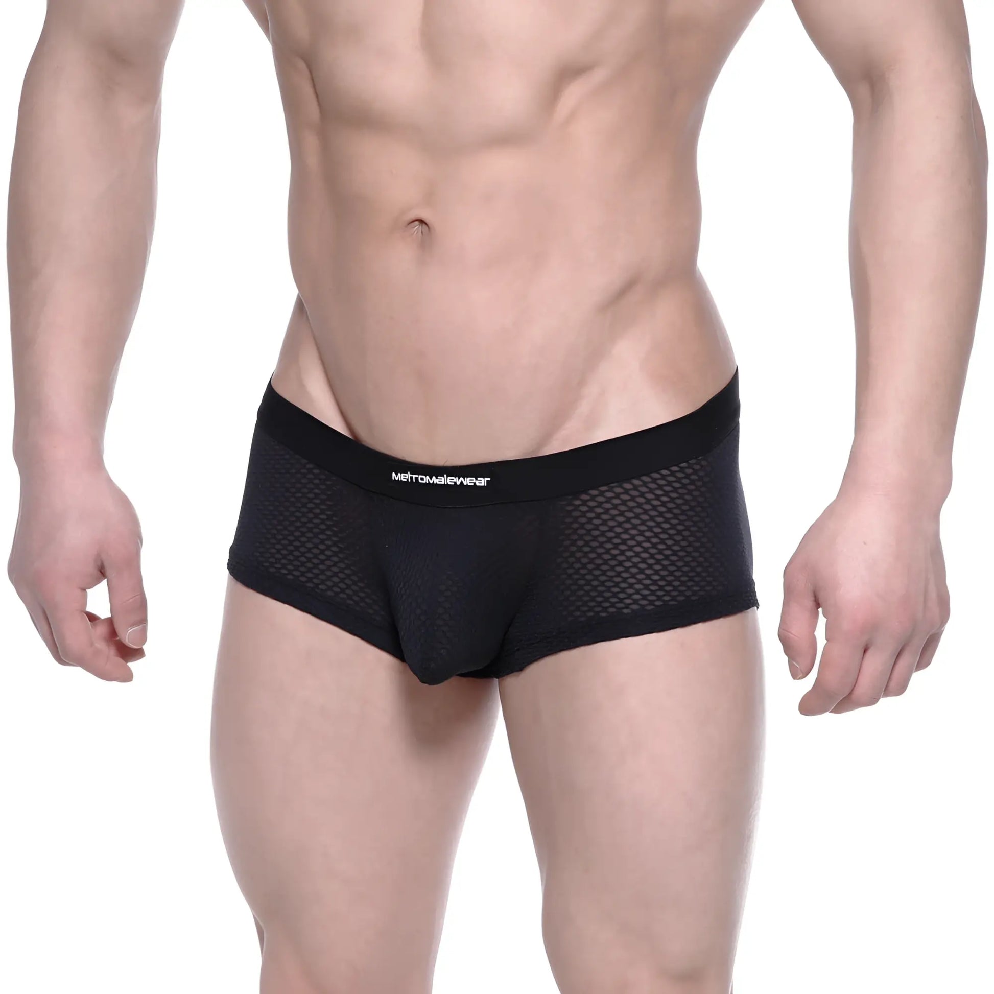 Black mesh briefs with a solid waistband featuring the metroweave brand name from metromalewear bulge boxer 3013-70