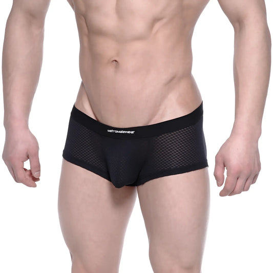 Black mesh briefs with a solid waistband featuring the metroweave brand name from metromalewear bulge boxer 3013-70