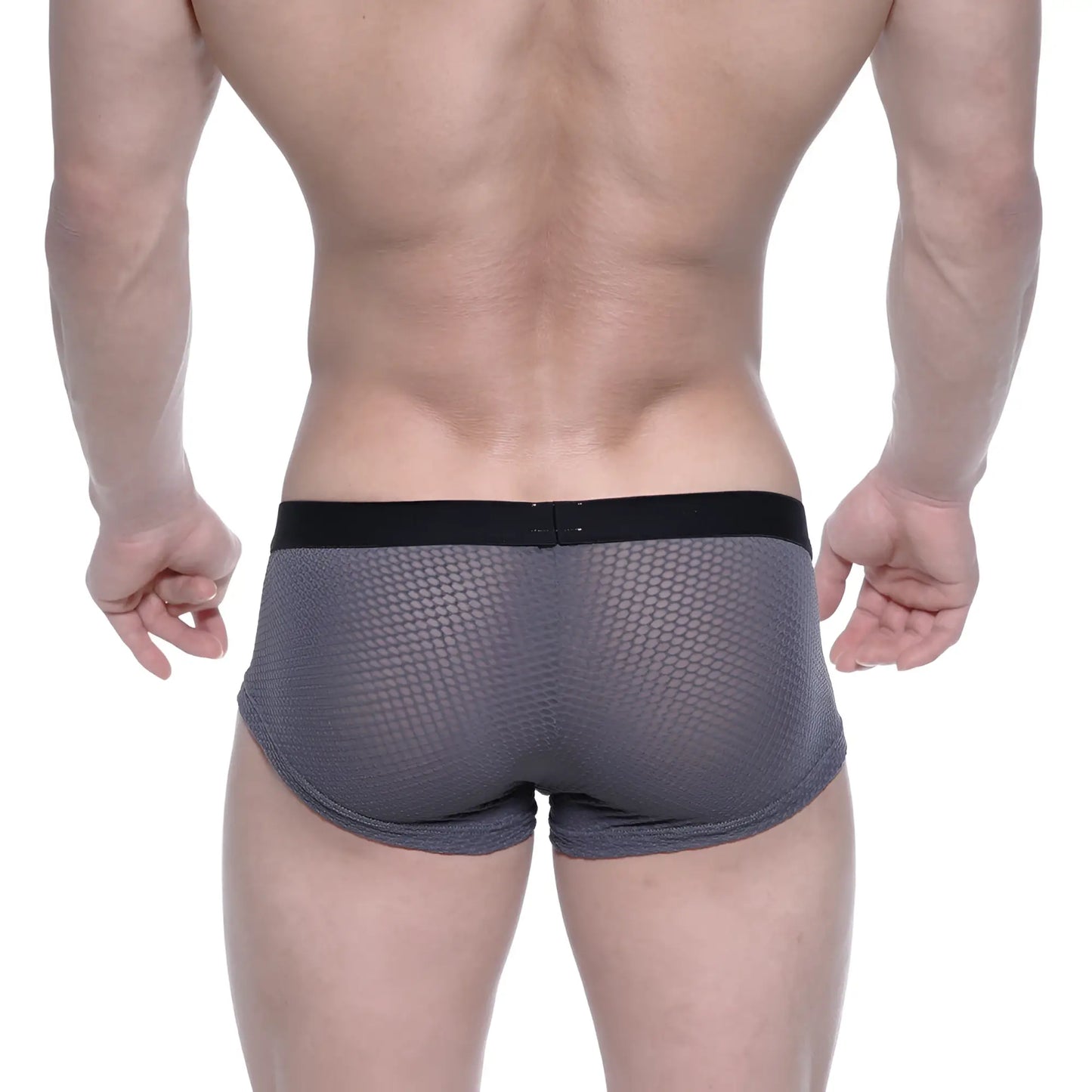 Gray mesh briefs with black elastic waistband metroMalewear bulge boxer 3013-72 showing front side