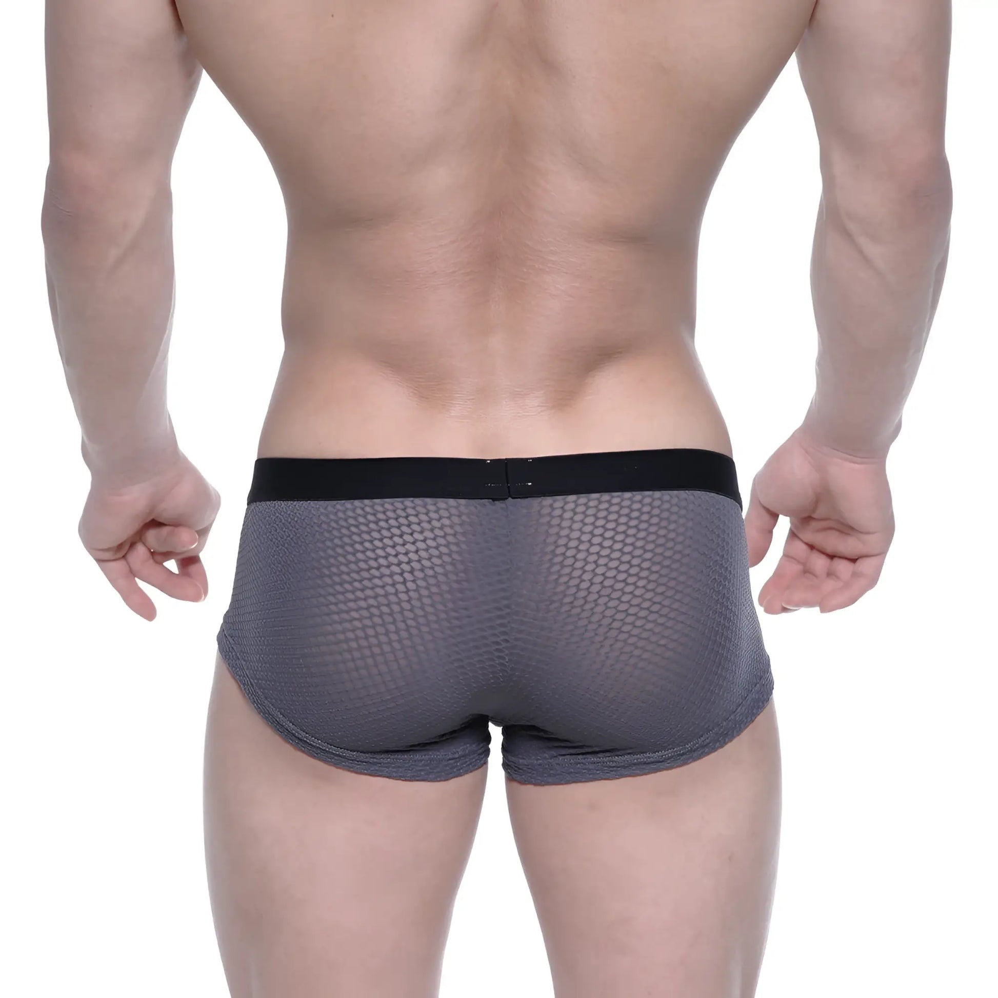 Gray mesh briefs with black elastic waistband metroMalewear bulge boxer 3013-72 showing front side