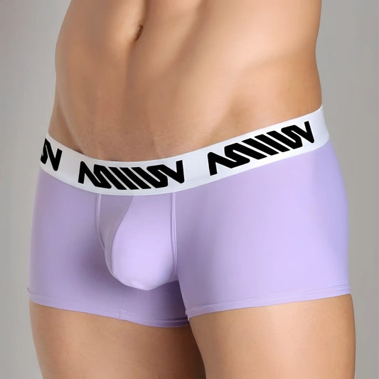 Lavender MetroMaleWear Bulge Boxer men’s briefs with white elastic waistband and black stylized lettering