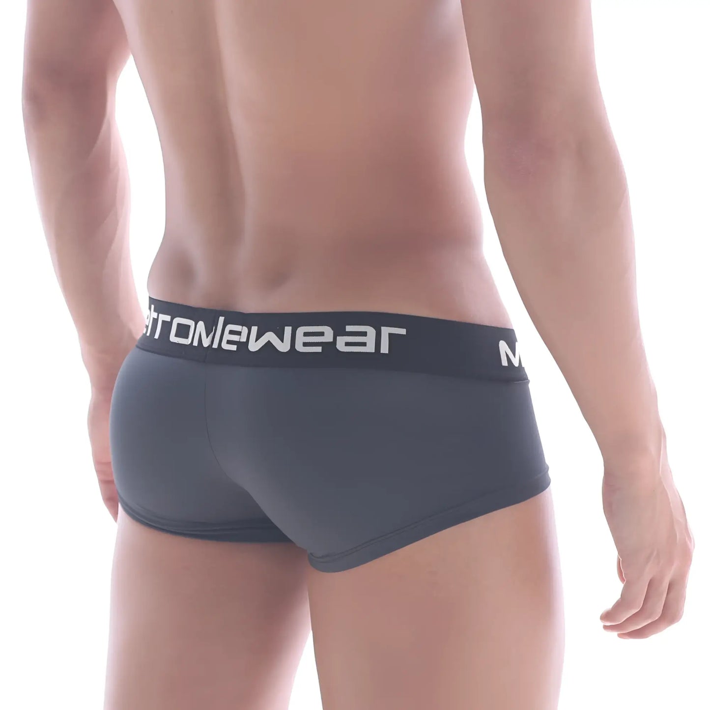 Dark gray form-fitting men’s briefs with black elastic waistband and white stromewear branding metroMalewear bulge boxer twilight 3013-09