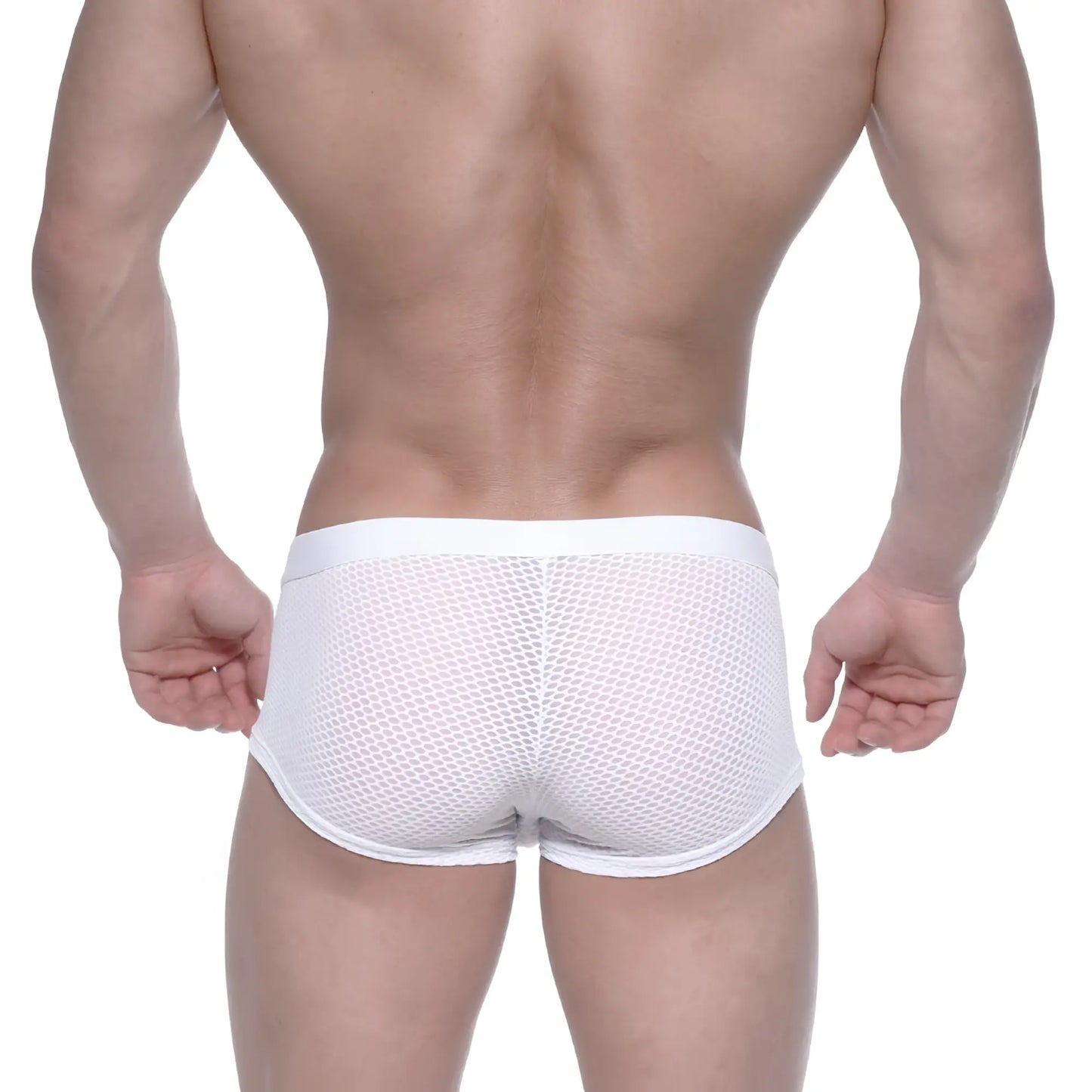 MetroMaleWear bulge boxer white mesh briefs with a solid white waistband showcasing breathable fabric design