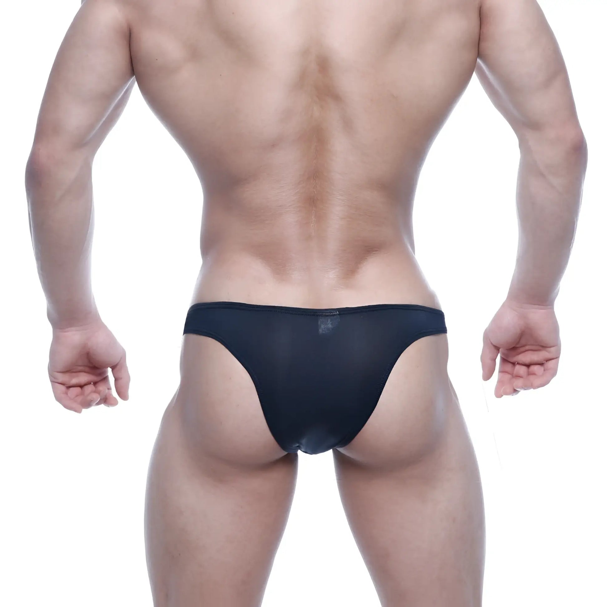 MetroMalewear bulge capri bikini in black sheer mesh briefs showcasing front side design and breathable fabric
