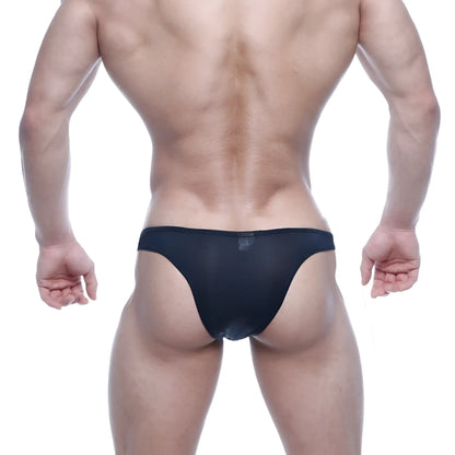 MetroMalewear bulge capri bikini in black sheer mesh briefs showcasing front side design and breathable fabric