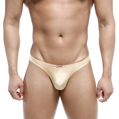 Beige metallic fabric briefs with a subtle sheen and red logo on waistband from MetroMaleWear bulge capri bikini gold 6104-21