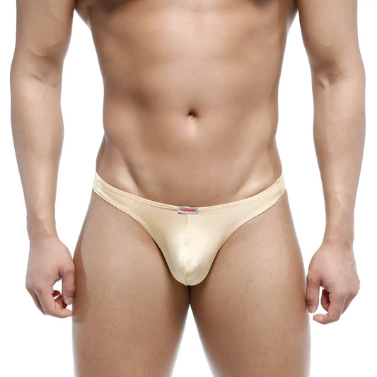 Beige metallic fabric briefs with a subtle sheen and red logo on waistband from MetroMaleWear bulge capri bikini gold 6104-21