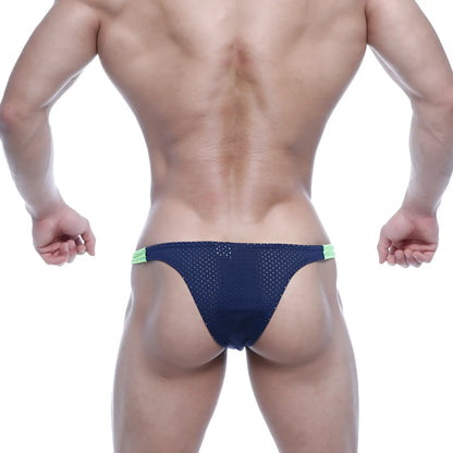 Navy blue mesh briefs with neon green trim from metromalewear bulge capri bikini 6104-31 showing front view