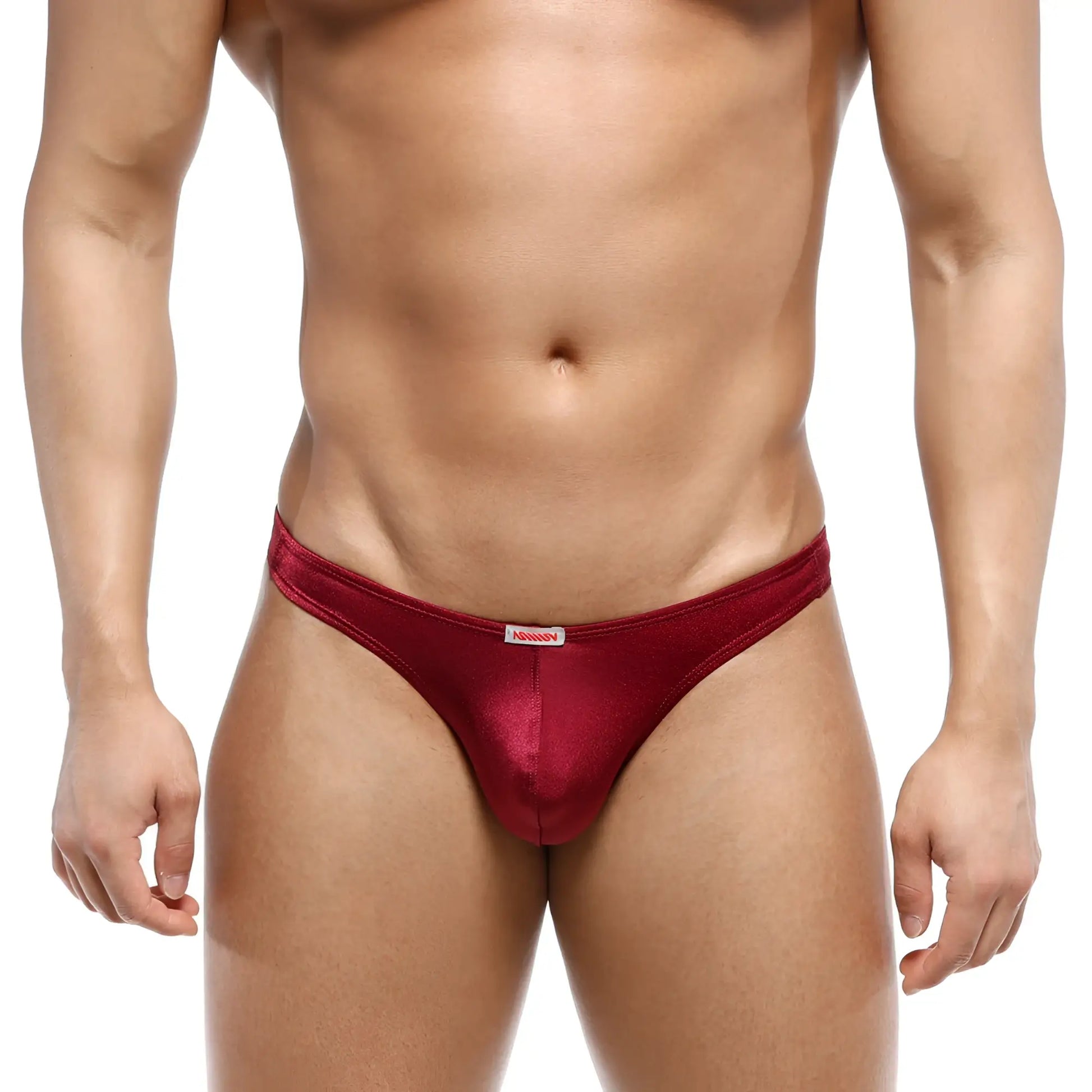 MetroMaleWear bulge capri bikini wine satin thong in deep red with small white brand tag at waistband