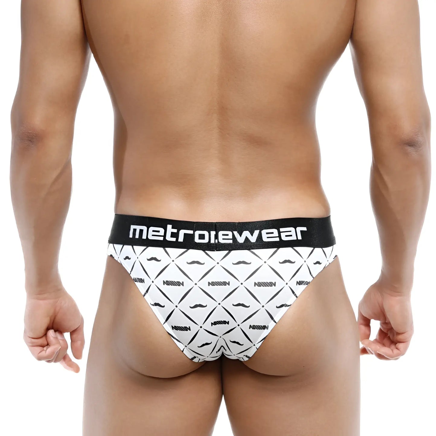 White briefs with black mustache pattern and metroewear logo on waistband shown from the back in metro male wear caballero half back bikini 6203-03