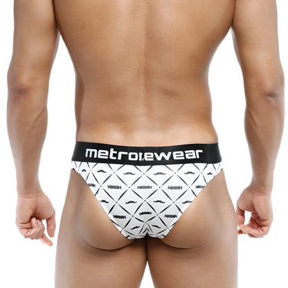 White briefs with black mustache pattern and metroewear logo on waistband shown from the back in metro male wear caballero half back bikini 6203-03