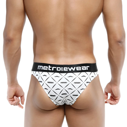White briefs with black mustache pattern and metroewear logo on waistband shown from the back in metro male wear caballero half back bikini 6203-03