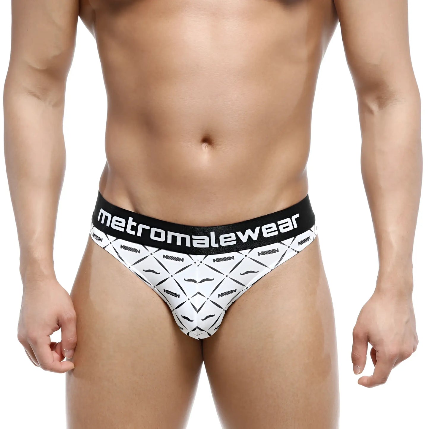 White briefs with black waistband featuring metromalewear logo and black mustache pattern shown from back side