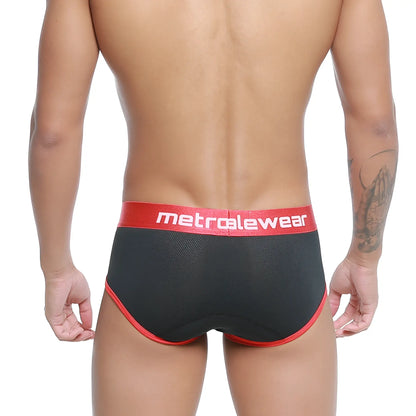 MetroMaleWear Cairo brief black and red with mesh texture and elastic waistband for comfortable daily wear