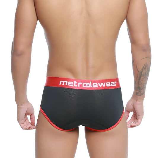 MetroMaleWear Cairo brief black and red with mesh texture and elastic waistband for comfortable daily wear