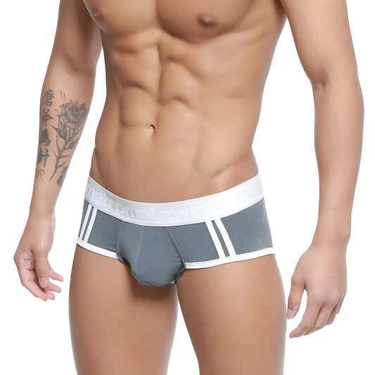 Gray MetroMaleWear Cairo brief 5106-11 athletic mesh briefs with white trim vertical stripes and women embroidered waistband