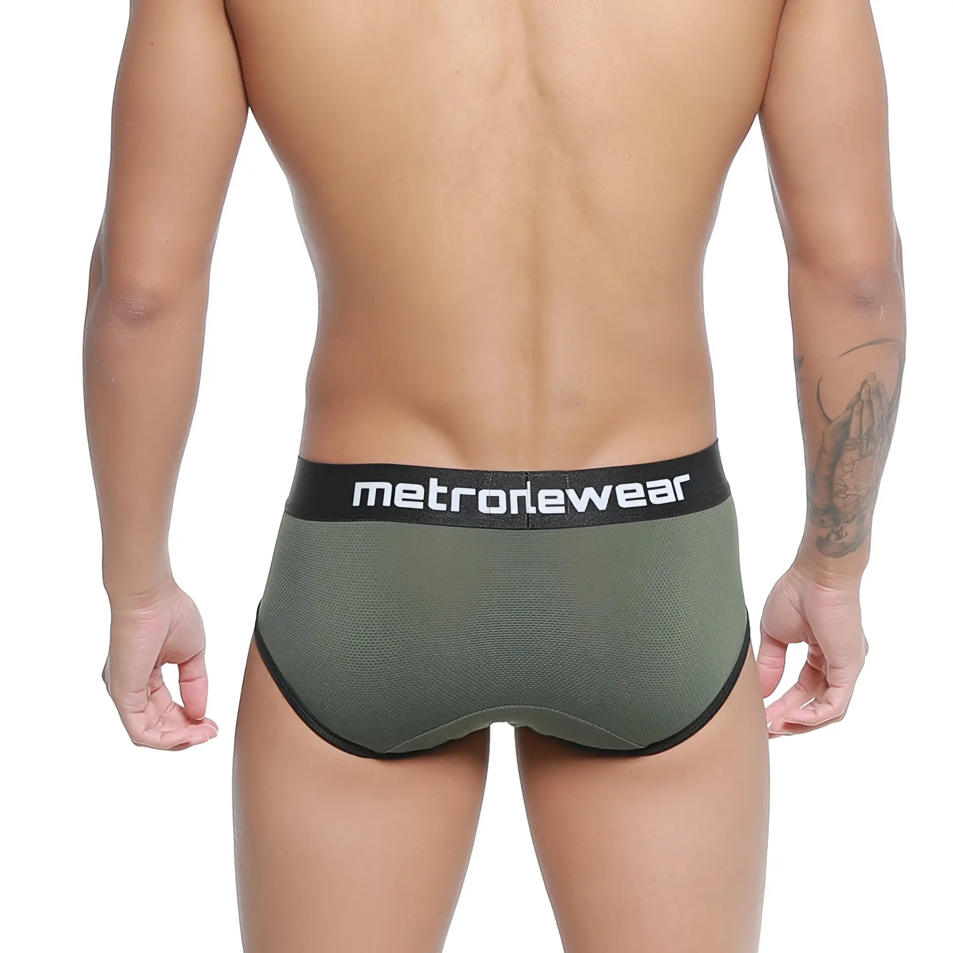 Olive green mesh briefs with black metrowear waistband metroMaleWear Cairo Brief Green 5106-26 front view