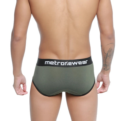 Olive green mesh briefs with black metrowear waistband metroMaleWear Cairo Brief Green 5106-26 front view